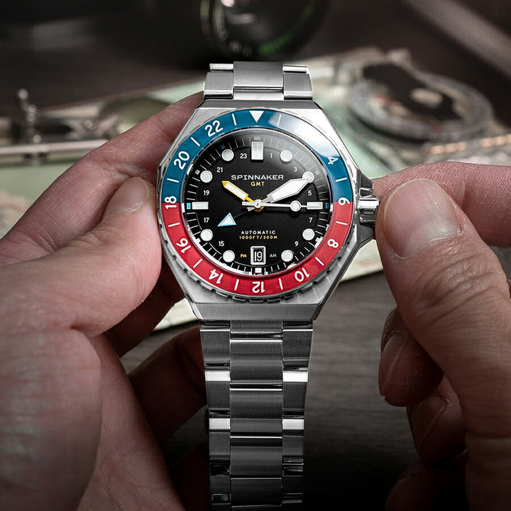 スピニカー DUMAS デュマ GMT SP-5119-44 メンズ 機械式 自動巻き 30気圧防水 蓄光 ブラックダイヤル 替えバント付き