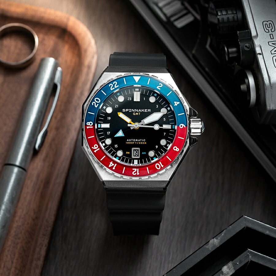 スピニカー DUMAS デュマ GMT SP-5119-44 メンズ 機械式 自動巻き 30気圧防水 蓄光 ブラックダイヤル 替えバント付き