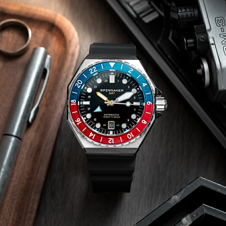 スピニカー DUMAS デュマ GMT SP-5119-44 メンズ 機械式 自動巻き 30気圧防水 蓄光 ブラックダイヤル 替えバント付き