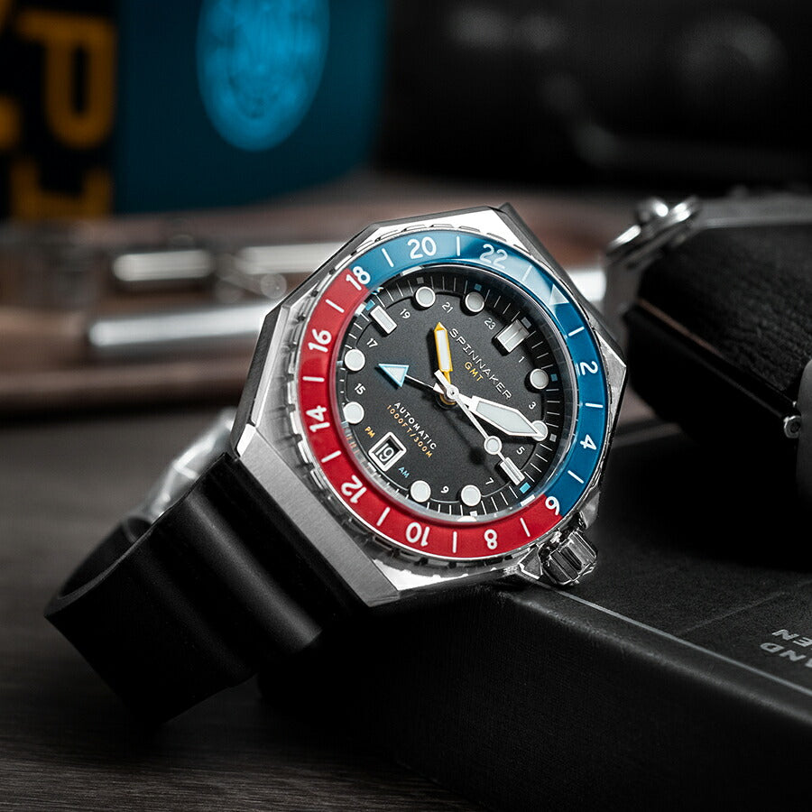 スピニカー DUMAS デュマ GMT SP-5119-44 メンズ 機械式 自動巻き 30気圧防水 蓄光 ブラックダイヤル 替えバント付き
