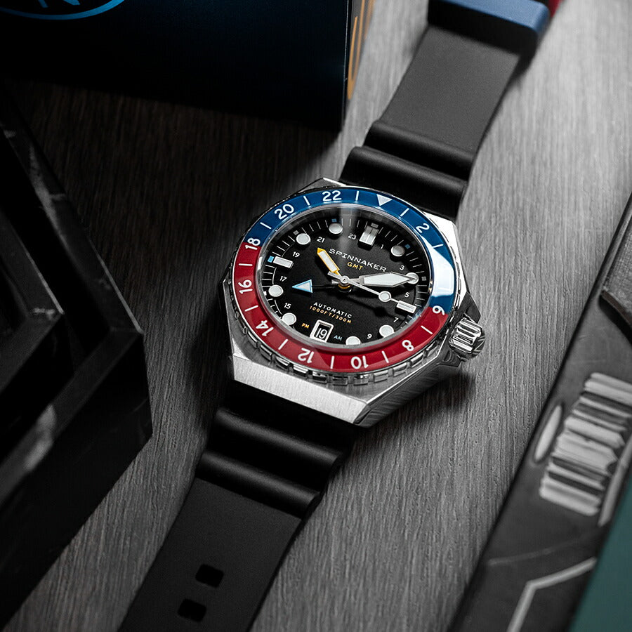 スピニカー DUMAS デュマ GMT SP-5119-44 メンズ 機械式 自動巻き 30気圧防水 蓄光 ブラックダイヤル 替えバント付き