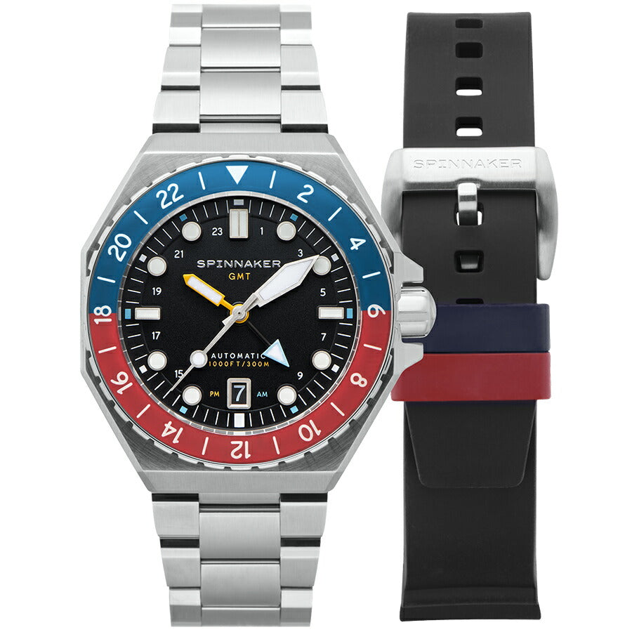 スピニカー DUMAS デュマ GMT SP-5119-44 メンズ 機械式 自動巻き 30気圧防水 蓄光 ブラックダイヤル 替えバント付き