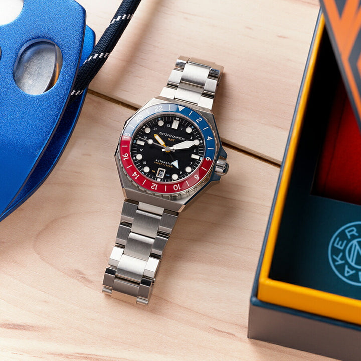 スピニカー DUMAS デュマ GMT SP-5119-44 メンズ 機械式 自動巻き 30気圧防水 蓄光 ブラックダイヤル 替えバント付き