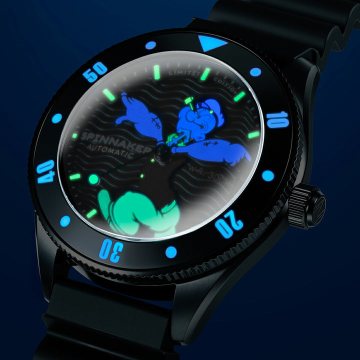 スピニカー チャレンジャー ポパイ コラボレーション 限定モデル アンカーアームズ SP-5163-03 メンズ メカニカル 自動巻 蓄光 ブラック 樹脂バンド