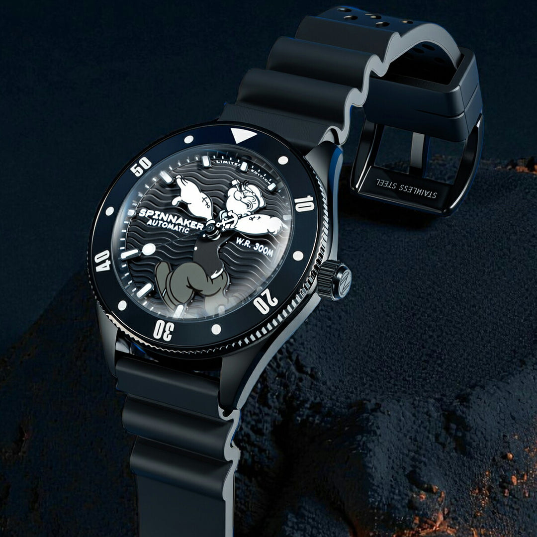 スピニカー チャレンジャー ポパイ コラボレーション 限定モデル アンカーアームズ SP-5163-03 メンズ メカニカル 自動巻 蓄光 ブラック 樹脂バンド