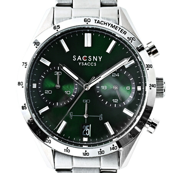 サクスニーイザック クオーツ クロノグラフ SY15219-GR メンズ 電池式 グリーンダイヤル メタルバンド