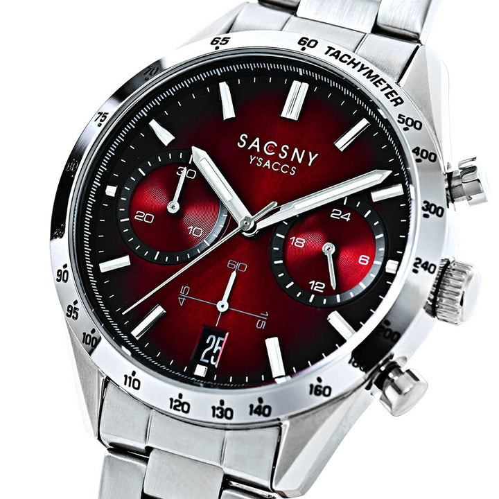サクスニーイザック クオーツ クロノグラフ SY15219-RE メンズ 電池式 レッドダイヤル メタルバンド