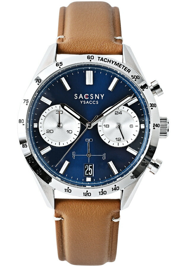 サクスニーイザック クオーツ クロノグラフ SY15221-BL3 メンズ 電池式 ブルーダイヤル ブラウン 革ベルト