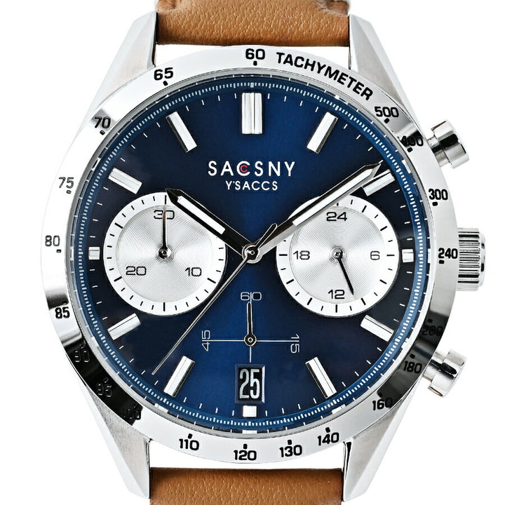 サクスニーイザック クオーツ クロノグラフ SY15221-BL3 メンズ 電池式 ブルーダイヤル ブラウン 革ベルト