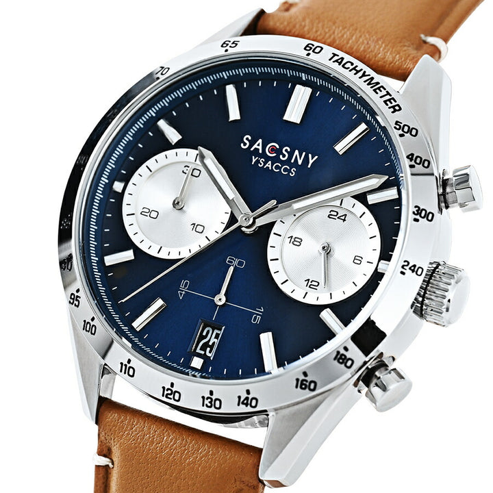 サクスニーイザック クオーツ クロノグラフ SY15221-BL3 メンズ 電池式 ブルーダイヤル ブラウン 革ベルト