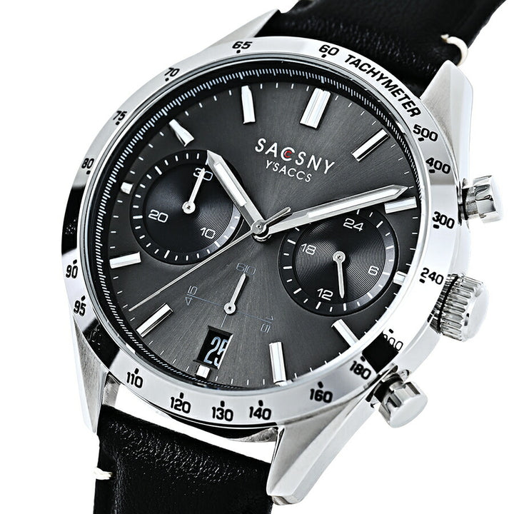 サクスニーイザック クオーツ クロノグラフ SY15221-GN メンズ 電池式 ブラックダイヤル 革ベルト