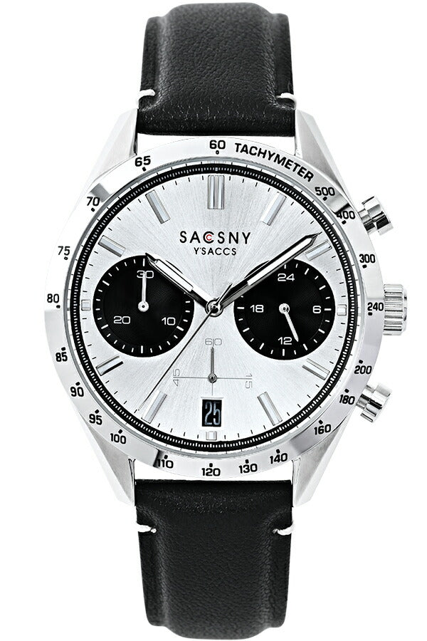 サクスニーイザック クオーツ クロノグラフ SY15221-WH メンズ 電池式 ホワイトダイヤル ブラック 革ベルト