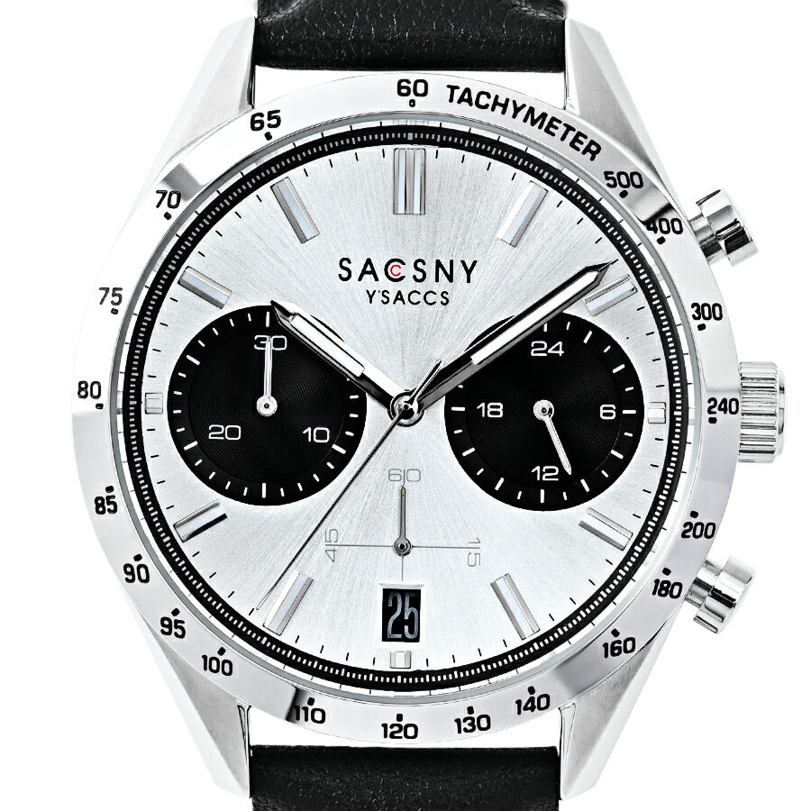 サクスニーイザック クオーツ クロノグラフ SY15221-WH メンズ 電池式 ホワイトダイヤル ブラック 革ベルト