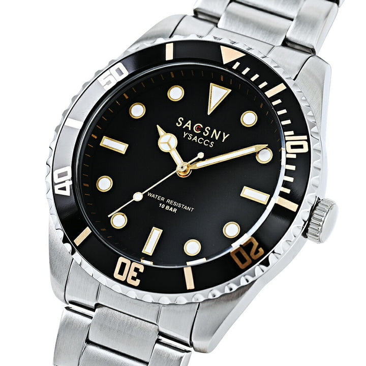 サクスニーイザック 3針 ダイバーデザイン SY15223-BK メンズ クオーツ 電池式 ブラックダイヤル メタルバンド