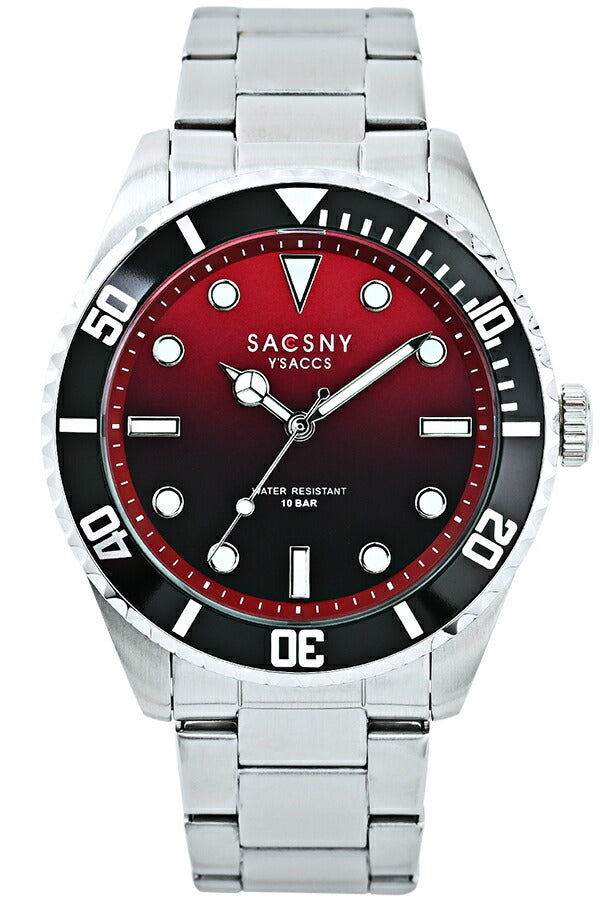 サクスニーイザック 3針 ダイバーデザイン SY15223-RE メンズ クオーツ 電池式 レッドダイヤル メタルバンド