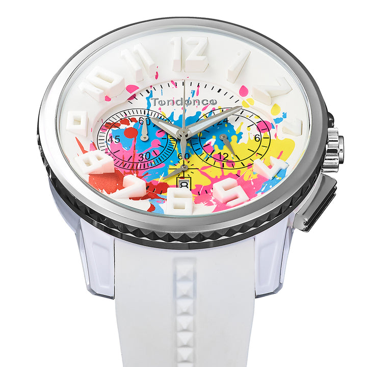 テンデンス ガリバースプラッシュ 50mm ペンキ飛散 TY046033 メンズ クオーツ 電池式 クロノグラフ ホワイト シリコンバンド