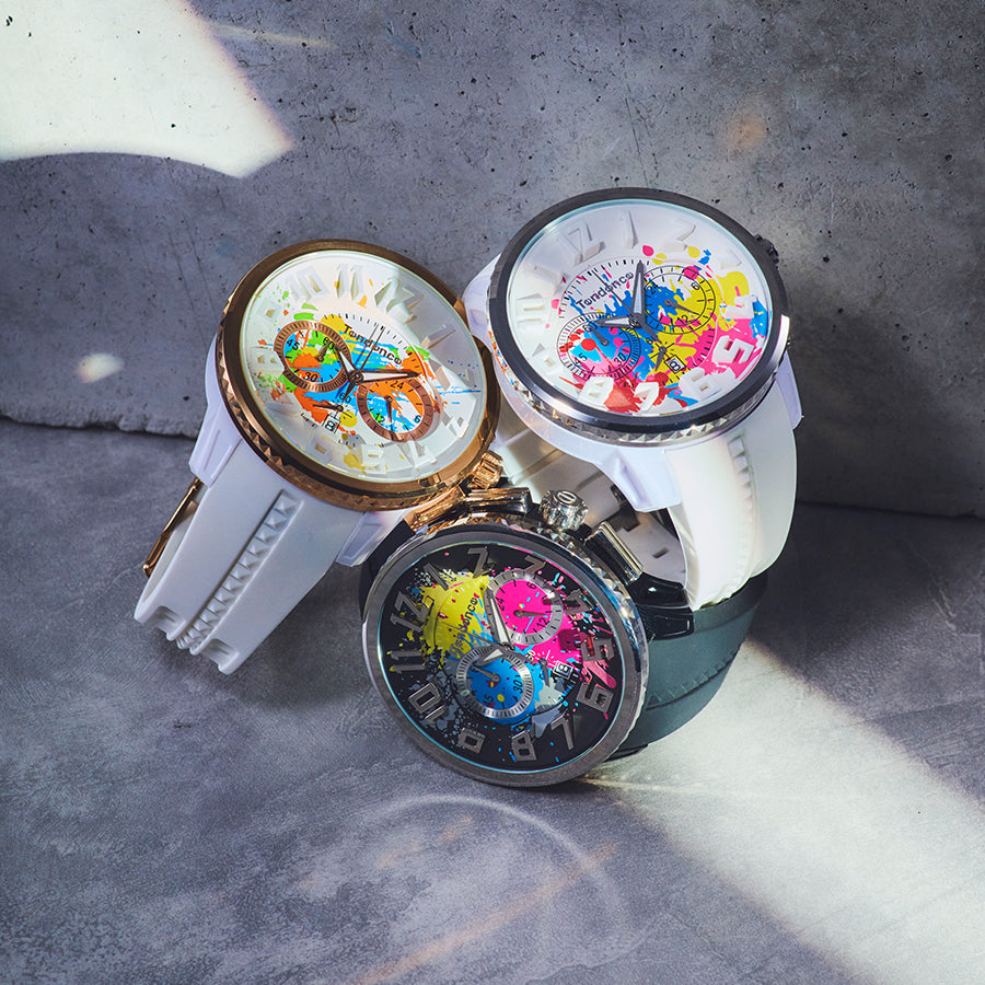 テンデンス ガリバースプラッシュ 50mm ペンキ飛散 TY046035 メンズ クオーツ 電池式 クロノグラフ ブラック シリコンバンド