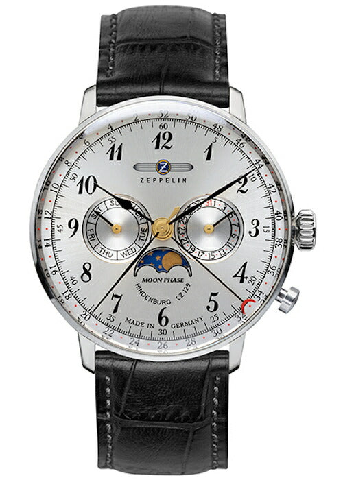 ツェッペリン ヒンデンブルク 7036-1 メンズ 腕時計 クオーツ ブラウン 革ベルト シルバー ムーンフェイズ デイデイト表示