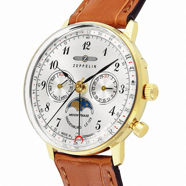 ツェッペリン ヒンデンブルク 7039-1 メンズ 腕時計 クオーツ ブラウン 革ベルト シルバー ムーンフェイズ デイデイト表示