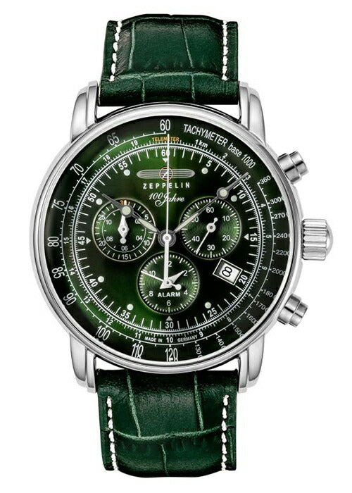 ツェッペリン LZ1 100周年記念 8680-4 メンズ 腕時計 クオーツ グリーン 革ベルト クロノグラフ アラーム