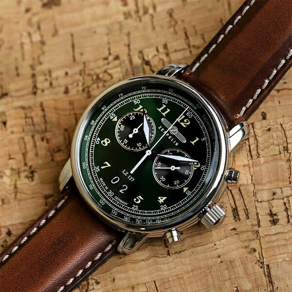 ツェッペリン LZ127 グラーフ・ツェッペリン 8684-4 メンズ 腕時計 クオーツ 革ベルト グリーン クロノグラフ