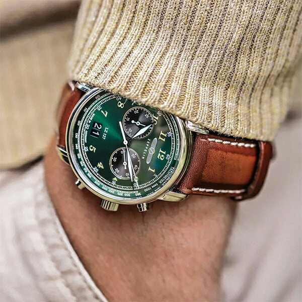 ツェッペリン LZ127 グラーフ・ツェッペリン 8684-4 メンズ 腕時計 クオーツ 革ベルト グリーン クロノグラフ