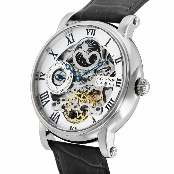 ゾンネハオリ H013シリーズ H013SV メンズ 腕時計 自動巻き 革ベルト シルバー スケルトン GMT