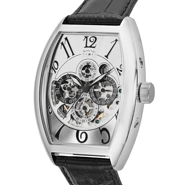 ゾンネハオリ H015シリーズ H015SS-BK メンズ 腕時計 自動巻き 革ベルト シルバー スケルトン トノー