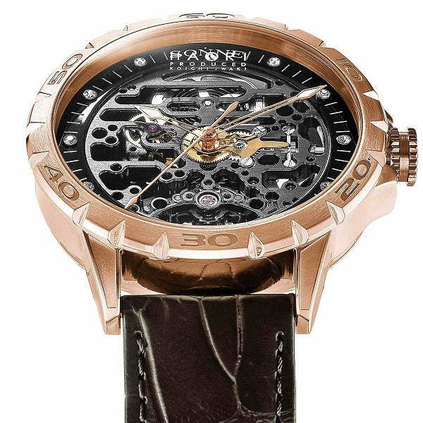 ゾンネハオリ H023シリーズ H023PG-BW メンズ 腕時計 自動巻き 革ベルト ブラック スケルトン スワロフスキー