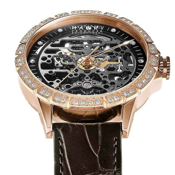 ゾンネハオリ H023シリーズ H023PGZ-BW メンズ 腕時計 自動巻き 革ベルト ブラック スケルトン スワロフスキー
