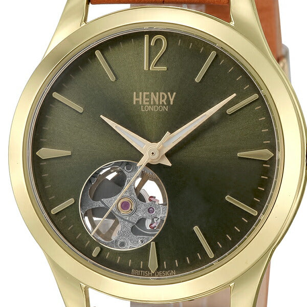 HENRY LONDON ヘンリーロンドン CHISWICK チズウィック メカニカル ペアモデル HL34-AS-0456 レディース 腕時計 機械式 オープンハート グリーンダイヤル ブラウン 革ベルト