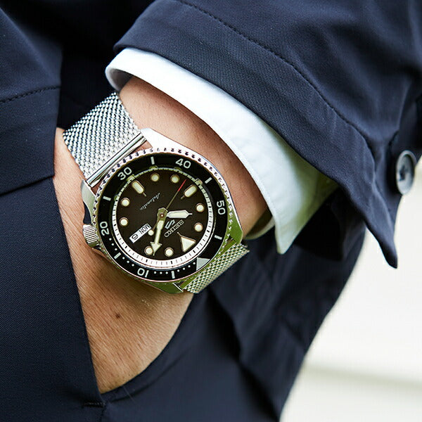 セイコー 5スポーツ スーツ SBSA017 メンズ 腕時計 メカニカル 自動巻き ブラック メッシュベルト 日本製