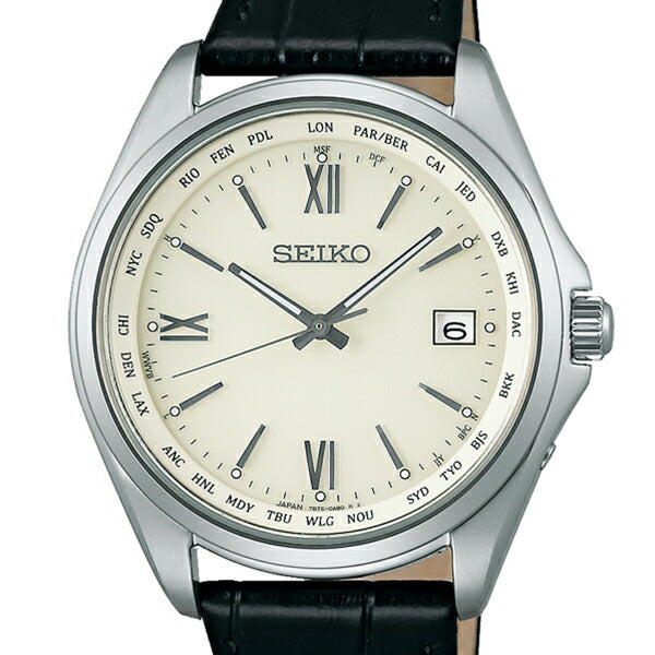 セイコー セレクション SBTM295 メンズ 腕時計 ソーラー電波 ワールドタイム 革ベルト 日付カレンダー ホワイト ブラック